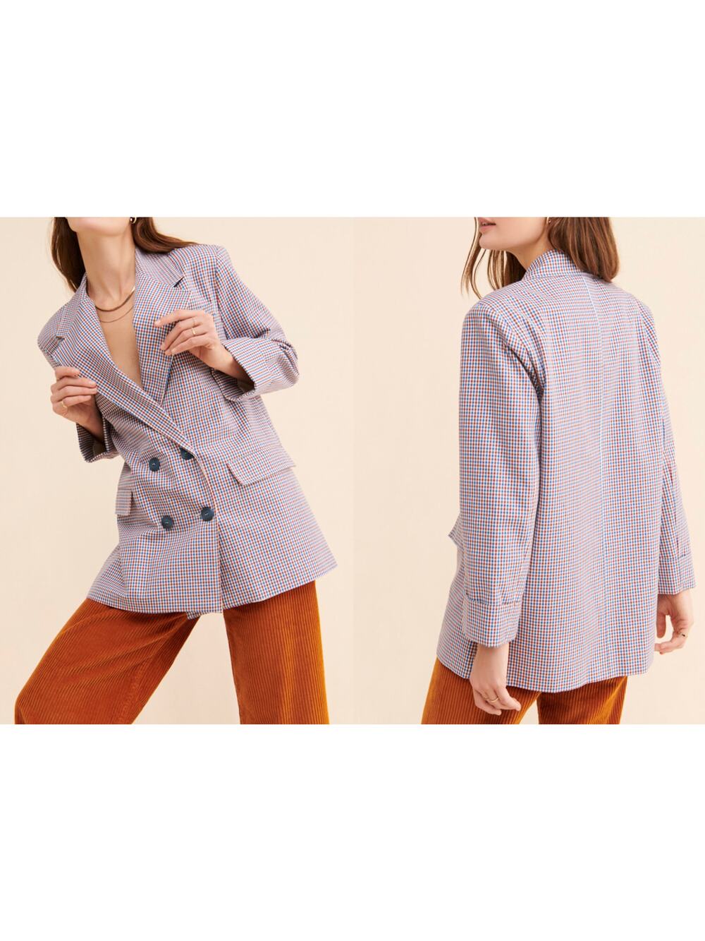 Rita Row Camelia Blazer Denim Houndstooth Notch Lapel Double Breasted M Medium
